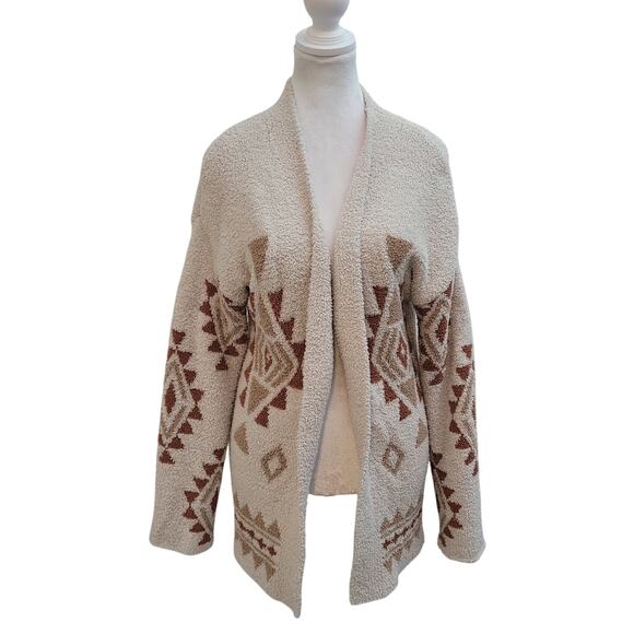 New In Size M Cream Geometric Print Open Front Soft Plush Cardigan Sweater - Picture 1 of 9